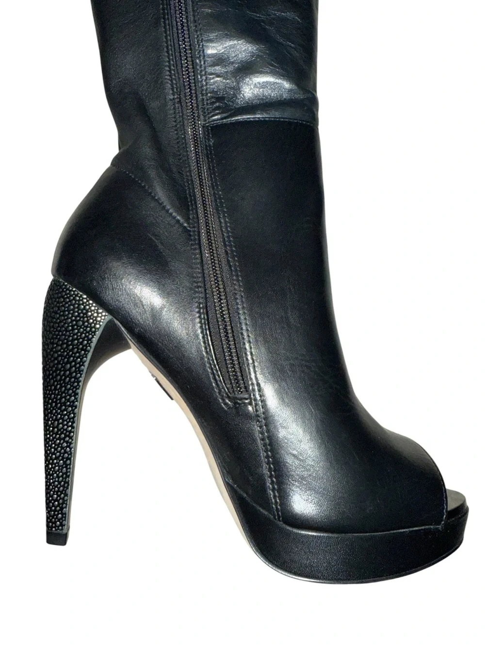 Herve Leger Nora metallic-studded heel Black Leather Over-the-Knee PeepToe Boots